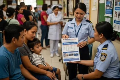 Filipino family learning about PhilHealth Konsulta and Z Benefits at a health center.