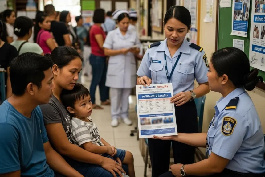 Filipino family learning about PhilHealth Konsulta and Z Benefits at a health center.