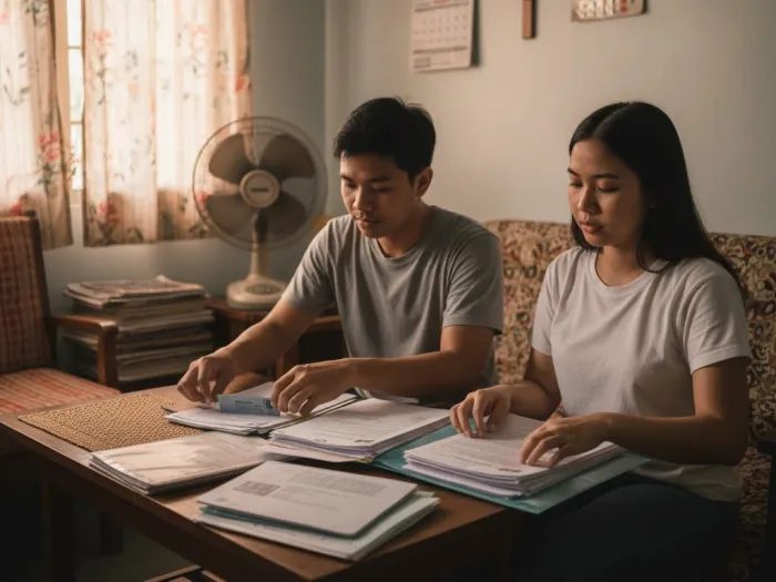 Filipino preparing requirements for PhilHealth Konsulta and Z Benefits at home.