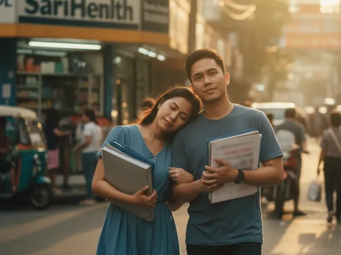 Filipino couple walking home after understanding their PhilHealth Konsulta and Z Benefits options.