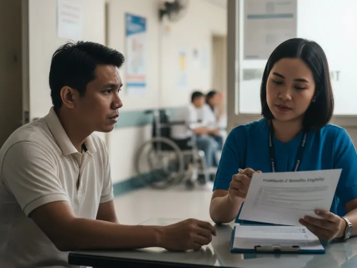 Filipino caregiver consulting a social worker on how to access PhilHealth Z Benefits.