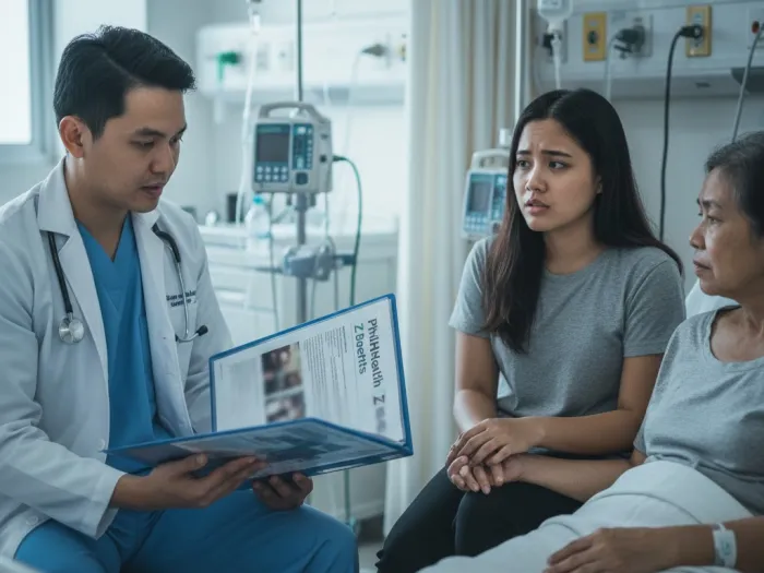 Filipino family discussing PhilHealth Z Benefits coverage for serious illnesses in a public hospital.