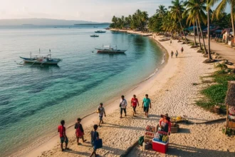 Aerial view of a tropical Philippine island with boats, coconut trees, and clear turquoise water.