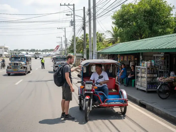 Jeepneys, tricycles, and airport transport options used when traveling around the Philippines.