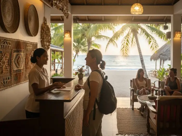 Traveler checking in at a Filipino beachfront resort with warm and cozy interiors.