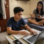 Filipino creator working on digital products in a modest bedroom setup.
