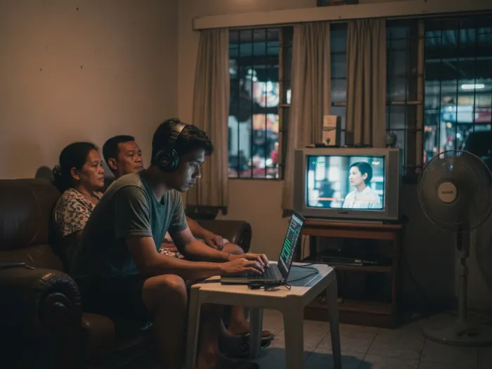 Filipino worker checking his online job earnings while working in a modest living room.