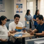 Filipino employees discussing SSS maternity, sickness, and unemployment benefits in a Manila office.