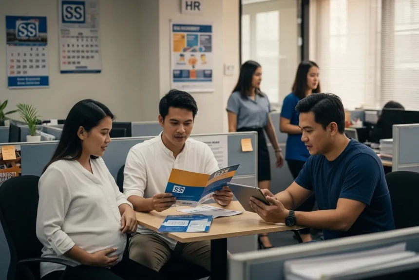 Filipino employees discussing SSS maternity, sickness, and unemployment benefits in a Manila office.