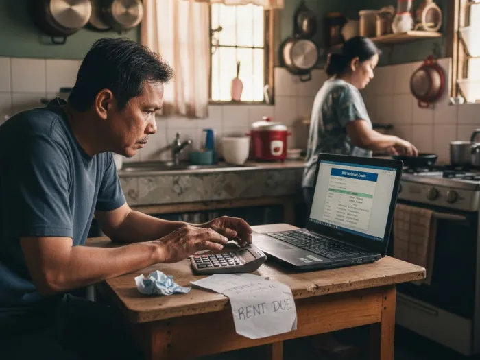 Filipino man computing possible SSS Salary Loan amount using a laptop and calculator.