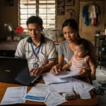 Filipino family reviewing SSS Salary Loan options at a modest home.