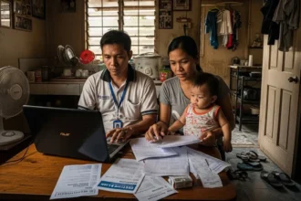 Filipino family reviewing SSS Salary Loan options at a modest home.