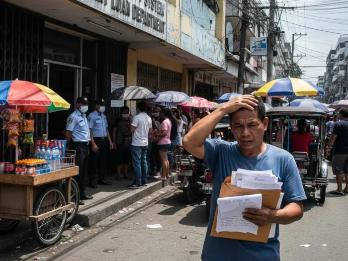 Filipino worker checking SSS Salary Loan requirements outside an SSS branch.