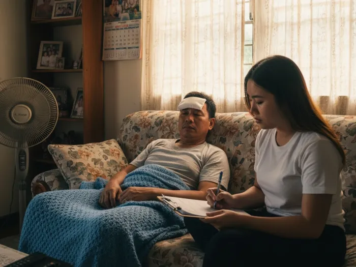Filipino employee at home preparing documents for his SSS sickness benefit.