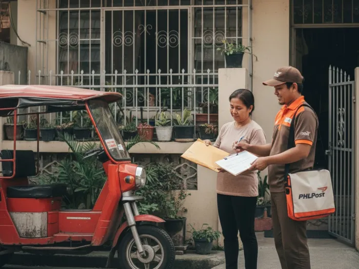 PHLPost courier delivering a Philippine National ID PhilSys envelope to a Filipino household.