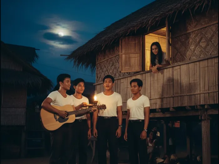 Filipino suitor performing a harana under a bamboo house window at night.