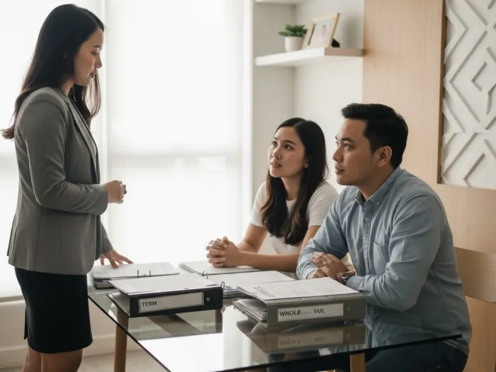 Filipina advisor explaining types of life insurance in the Philippines like term, whole life, and VUL.