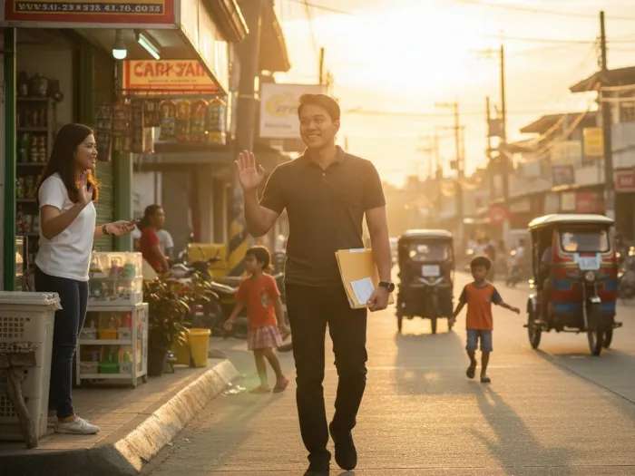Filipino employee walking home confidently after understanding his payslip deductions.
