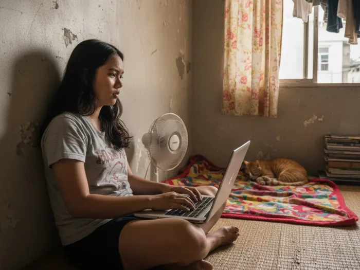 Filipina student researching digital products in a modest apartment.