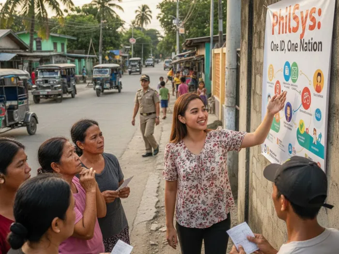 Filipina explaining what the Philippine National ID or PhilSys is outside a barangay hall.