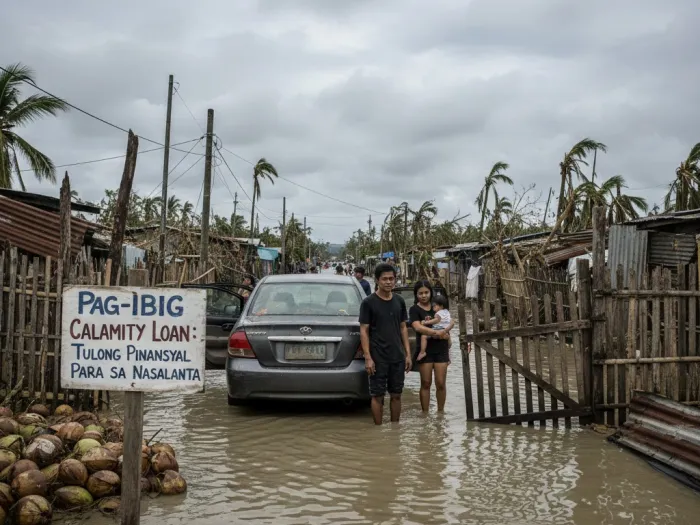 Filipinos inspecting typhoon damage on a flooded barangay street after a calamity.