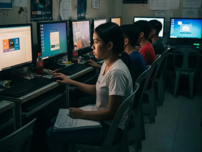 Filipina using a computer shop PC to look for safe and accessible emergency fund options.