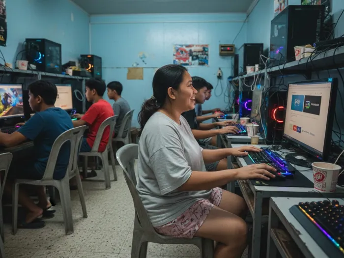 Filipina freelancer exploring platforms to sell digital products in a computer shop.