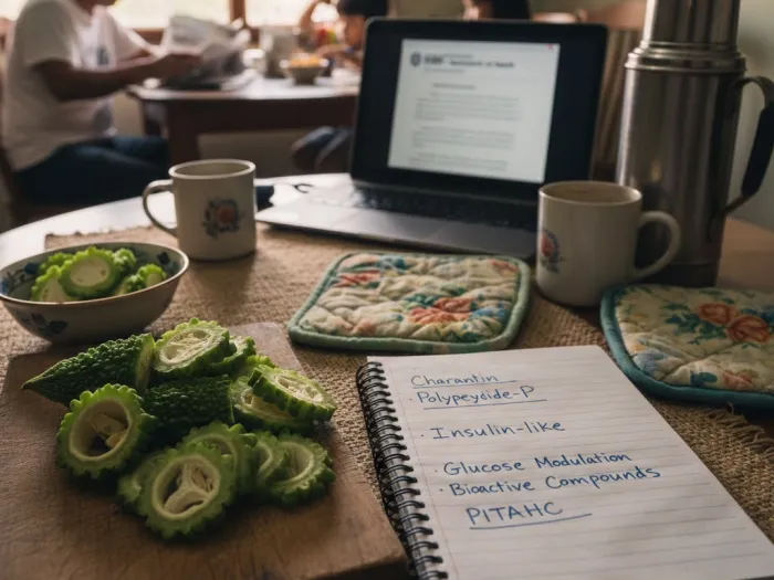 Ampalaya slices beside notes about charantin and polypeptide-p, the compounds that support blood sugar control.