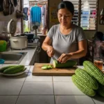 Freshly sliced Ampalaya (Momordica charantia) prepared in a Filipino kitchen for blood sugar support.