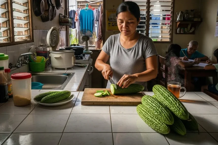 Freshly sliced Ampalaya (Momordica charantia) prepared in a Filipino kitchen for blood sugar support.