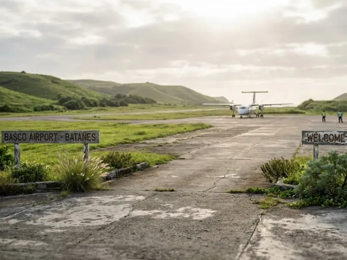 batanes travel guide basco airport flights Basco Airport runway in Batanes with a small propeller plane, captured for a Batanes Travel Guide explaining flights and how travelers reach the islands.