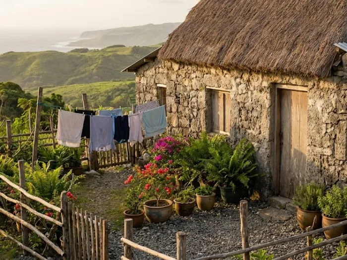 batanes travel guide basco homestay accommodation An Ivatan stone homestay in Basco with a simple yard and warm afternoon light, created for a Batanes Travel Guide on local accommodations and lodging options.