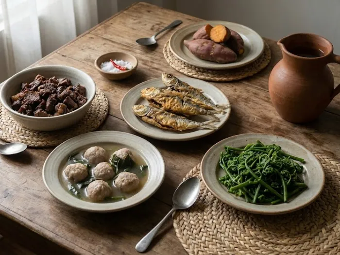 batanes travel guide ivatan food dishes Traditional Ivatan dishes like lunis, uvud balls, and flying fish served on a simple table for a Batanes Travel Guide featuring local food and flavors.