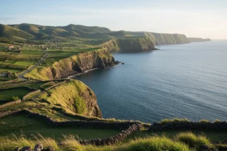 A photorealistic view of Batanes hills meeting the ocean, captured for a Batanes Travel Guide showcasing the peaceful beauty of the Last Frontier.