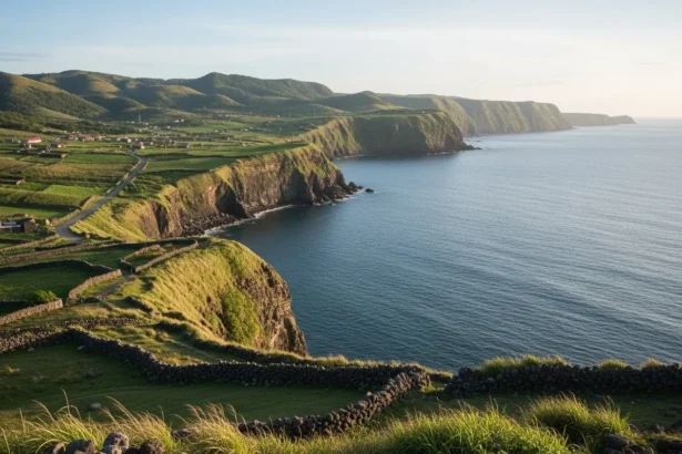 A photorealistic view of Batanes hills meeting the ocean, captured for a Batanes Travel Guide showcasing the peaceful beauty of the Last Frontier.