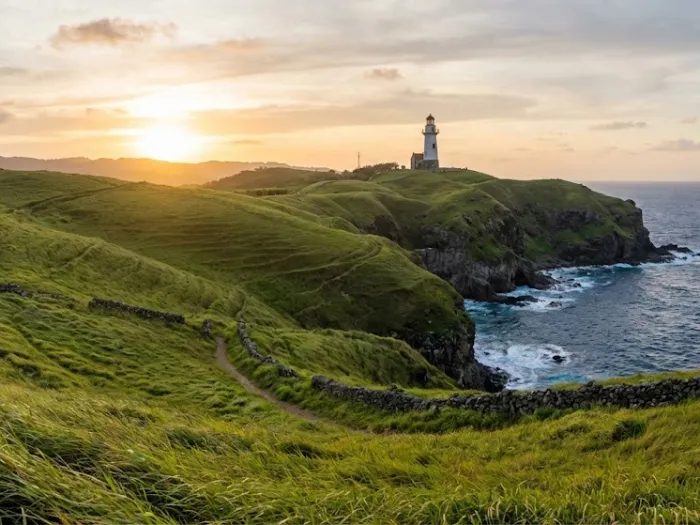 batanes travel guide rolling hills lighthouse Rolling green hills of Batanes with the Basco Lighthouse in the distance, created for a Batanes Travel Guide showcasing the province’s top tourist spots.