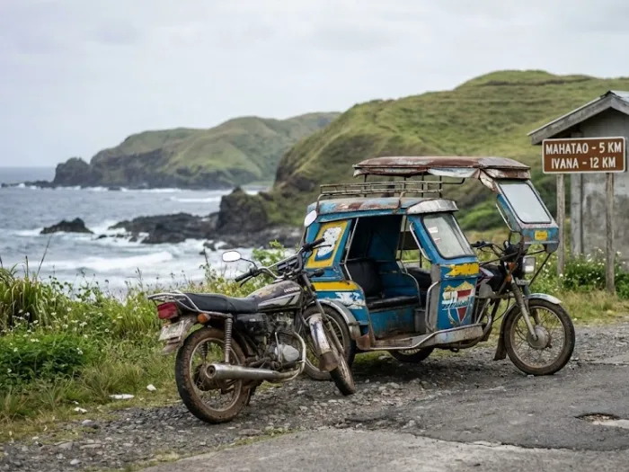 batanes travel guide transport motorbike tricycle A motorbike and traditional tricycle parked along a quiet Batanes coastal road, captured for a Batanes Travel Guide describing local transport options.