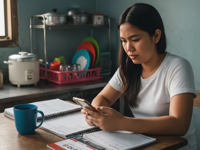 Filipina reviewing beginner-friendly low-risk investments at her kitchen table.