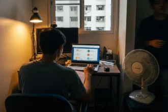 Filipino IT professional studying for AWS, Cisco, Google IT, and ITIL certifications at a modest home workspace.