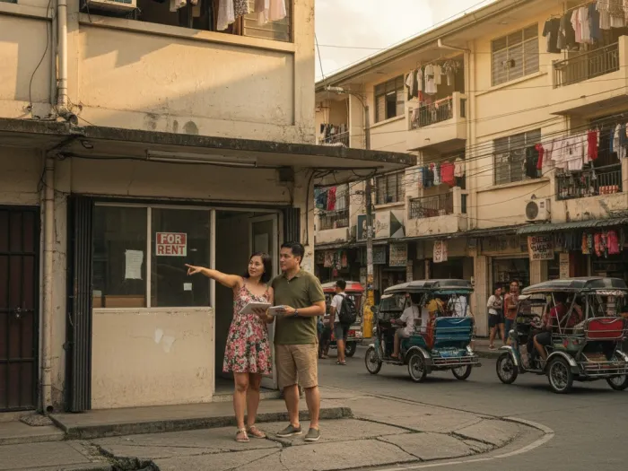 best location laundry shop philippines Filipino entrepreneurs assessing a busy barangay area as a potential laundry shop location.