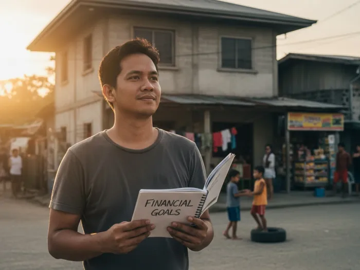 Filipino father holding a financial goals notebook outside his home at sunset.