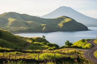 A photorealistic landscape of Camiguin showing hills, coastline, and Mt. Hibok Hibok for a Camiguin Travel Guide about affordable island adventures.