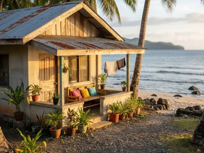 camiguin travel guide homestay yumbing A humble beachfront homestay in Yumbing, Camiguin with coconut trees and a calm shoreline, created for a Camiguin Travel Guide about the best areas to stay.