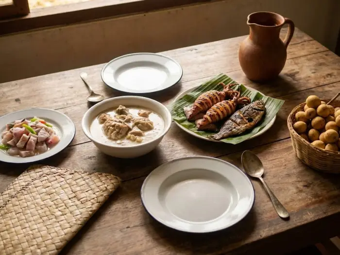 camiguin travel guide local food dishes Traditional Camiguin dishes like surol, seafood, kinilaw, and lanzones arranged on a wooden table for a Camiguin Travel Guide on food and local flavors.