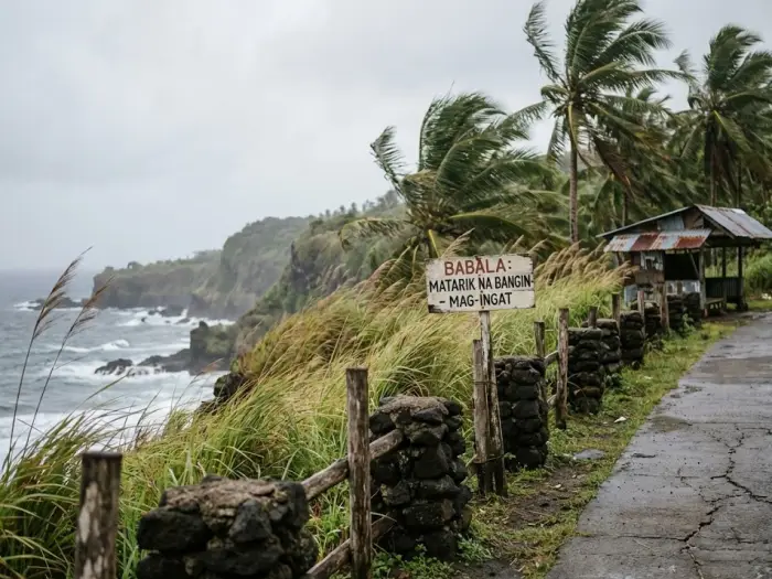 camiguin travel guide travel tips cliffside road A windy Camiguin cliffside road with tall grass, fences, and sea below, created for a Camiguin Travel Guide offering safety reminders and travel tips.