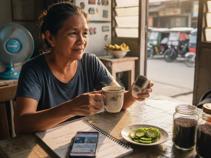 Filipino diabetic reviewing glucose readings while drinking Ampalaya tea at home.