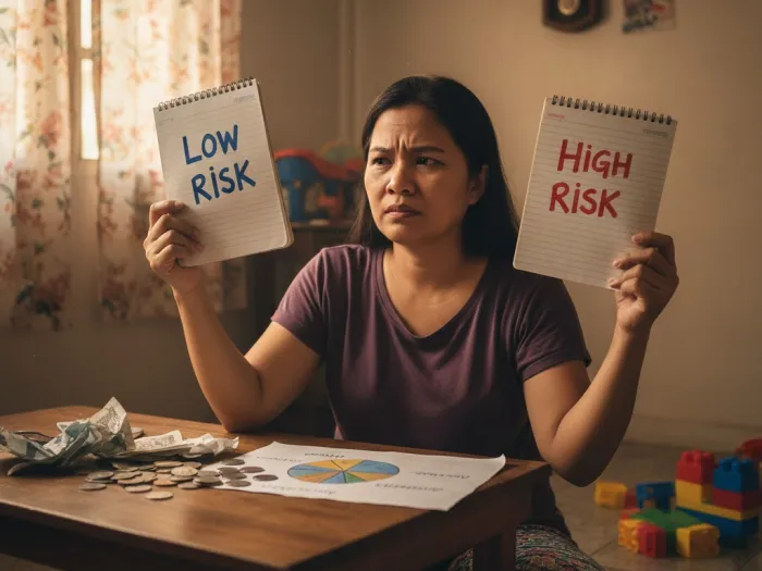 Filipina evaluating her investment risk profile at home.