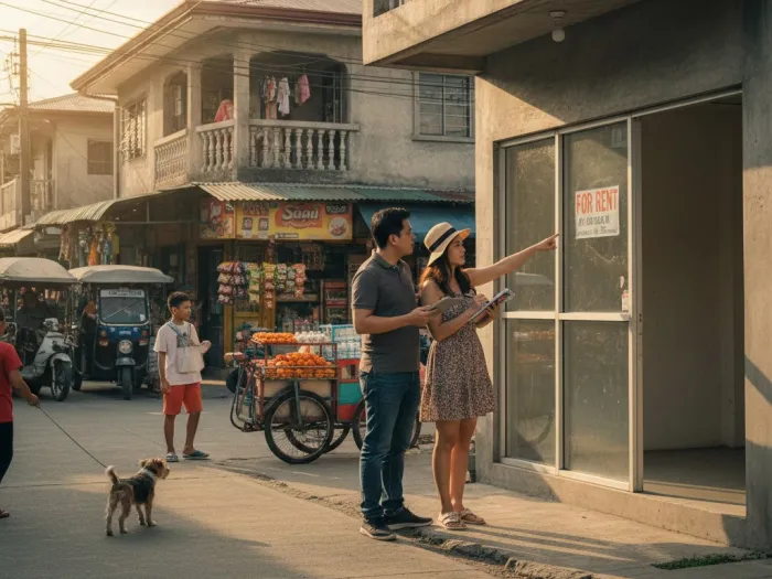 Filipino entrepreneurs assessing a barangay location for a water refilling station business.
