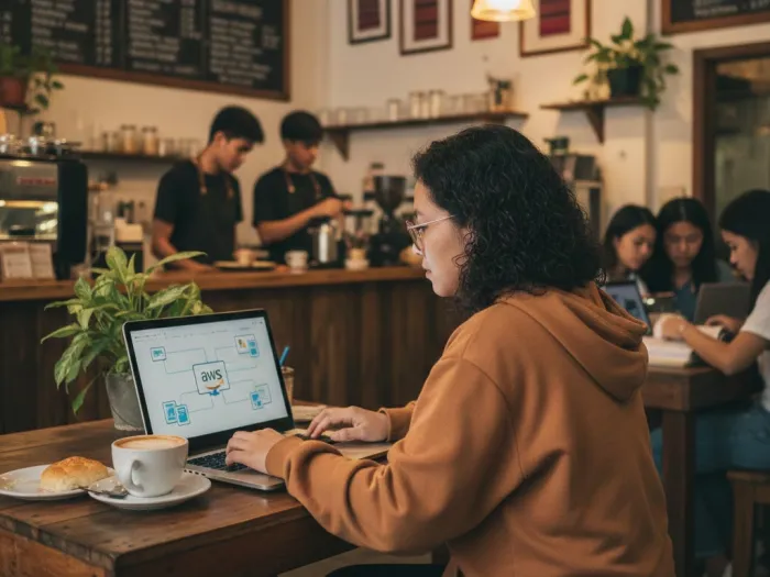 Filipino tech professional studying AWS and Google Cloud certification material in a local café.