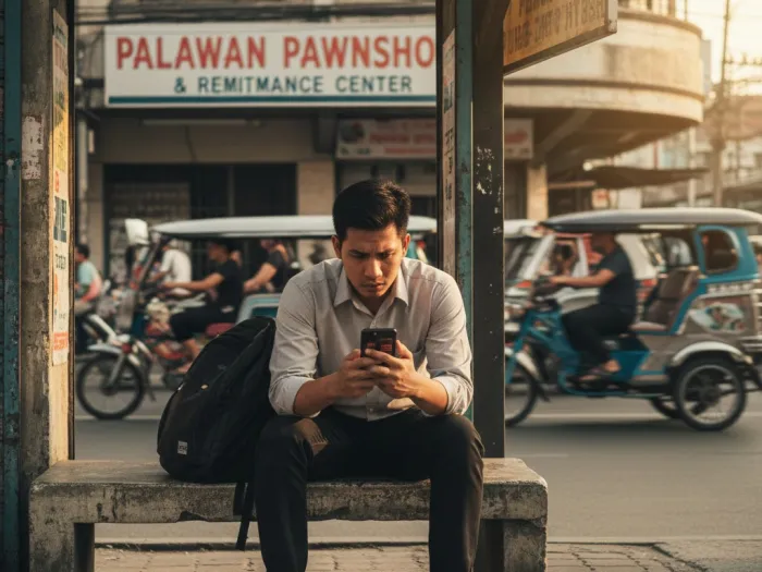 Filipino worker stressed while checking late bill reminders outside a remittance center.